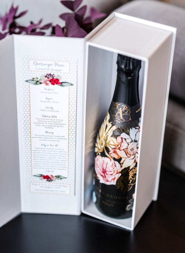 The perfect way to add a little "Cheers" to any occasion! This gift includes one bottle of sparkling wine packaged in our celebratory white gift box. Include a personalized note from you at checkout for that special touch.
