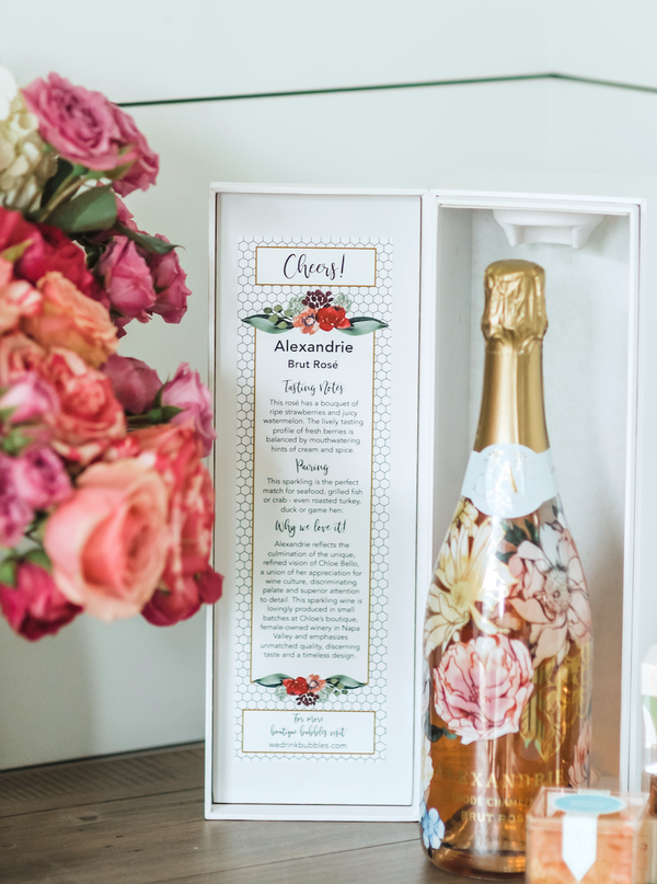 The perfect gift to ask your friends to be your bridesmaid. Our Bride's Gift includes a bottle of Alexandrie Sparking Rosé in our celebratory "Cheers" gift box.