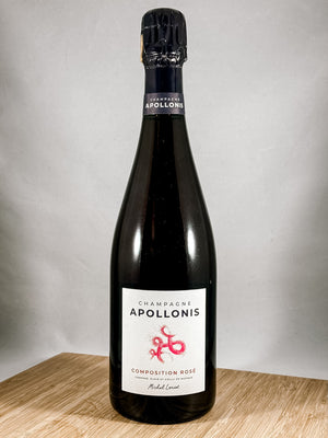 A bottle of Apollonis Composition Rose Champagne. Part of our monthly champagne club subscription