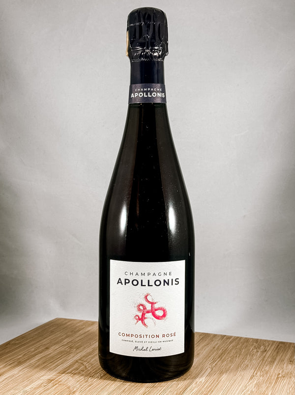 A bottle of Apollonis Composition Rose Champagne. Part of our monthly champagne club subscription
