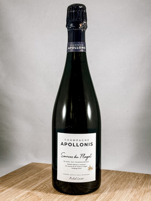 A bottle of Apollonis Sources du Fougat Blanc de Chardonnay Champagne. Part of our monthly champagne club subscription