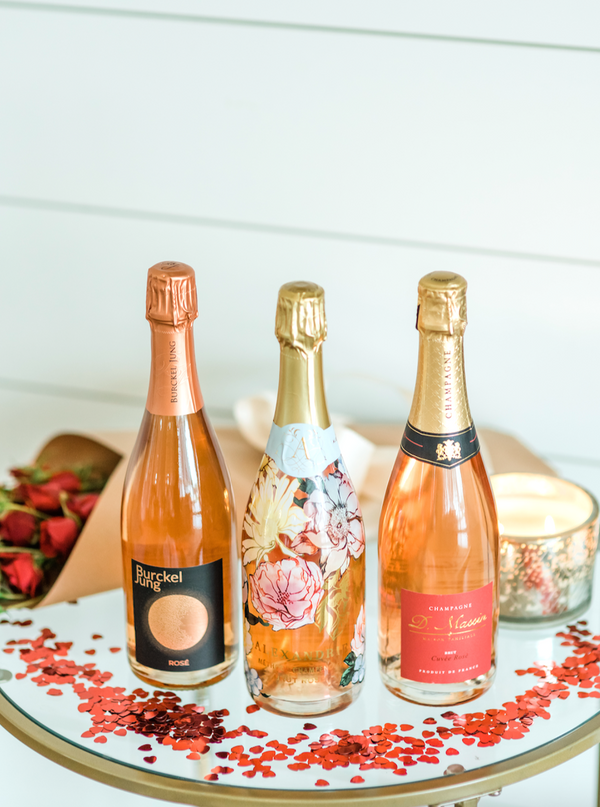 Give the gift of sparkling love! Perfect for Valentine's Day, Galentine's gatherings or just to say I Love You, this bundle includes one each of Burckel Jung Rosé, Alexandrie Sparkling Rosé and D Massin Rosé