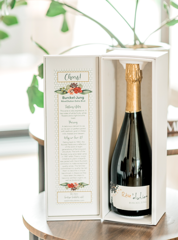  The perfect way to say Thank You! This gift includes one bottle of Burckel Jung Crémant packaged in our celebratory white gift box. Include a personalized note from you at checkout for that special touch. 